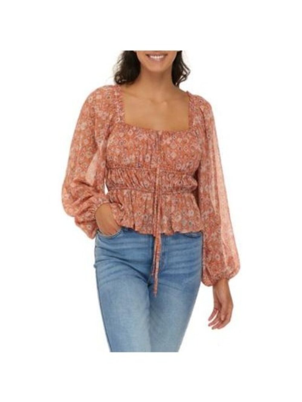 Moon River Womens Printed Long Sleeve Smocked Square Neck Top Red Size M NWT